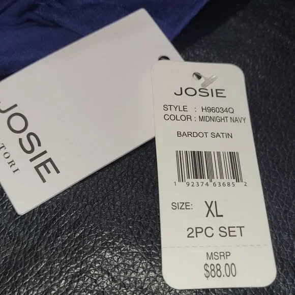 NWT Josie Natori Bardot Satin Short Pajama Set in Midnight Navy